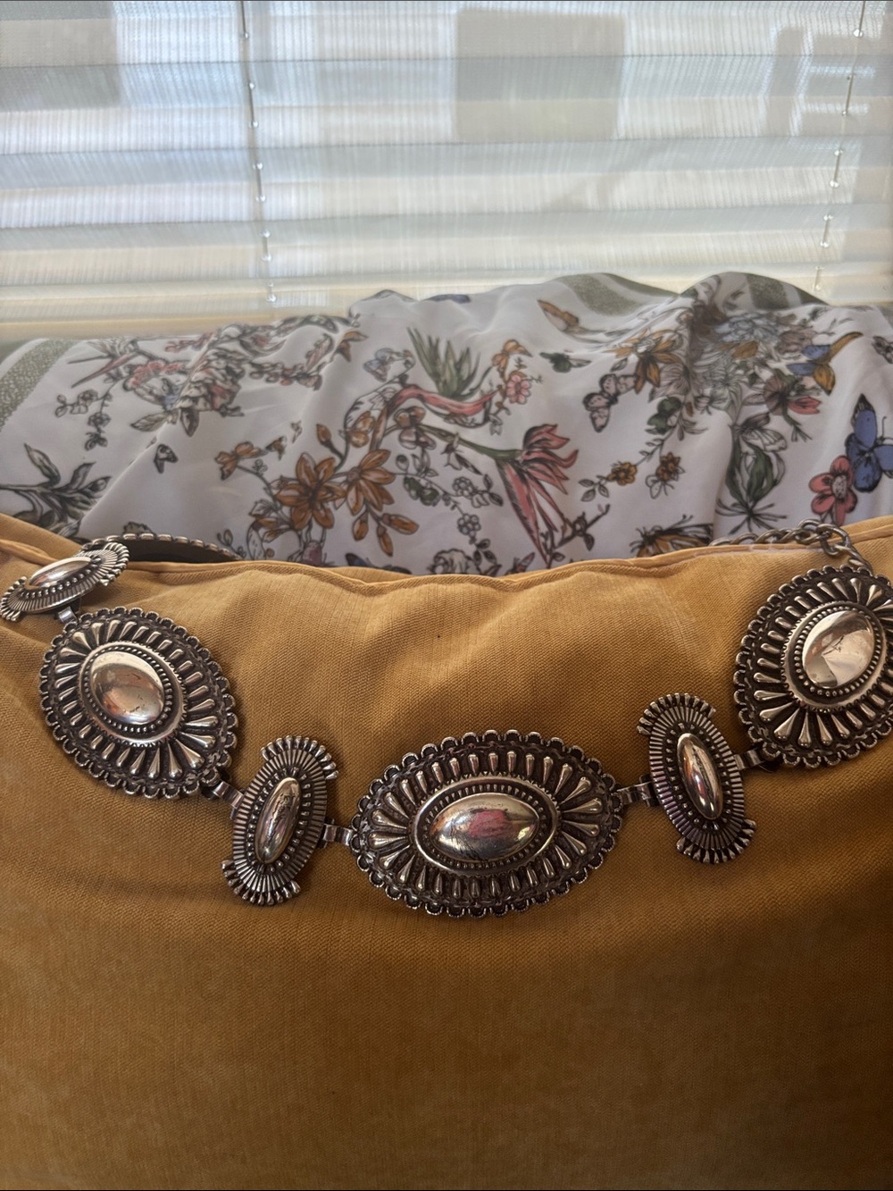 Chico's Mustard Fabric Belt with Silver-Tone Conchos